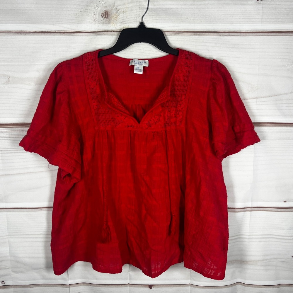 Calypso St. Barth Embroidered Blouse Women 3X Red Solid Cotton Gauze Boho Top